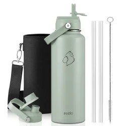 Buzio Duet Series Water Bottle with 2 Lids and Sleeve 1.2L - Green